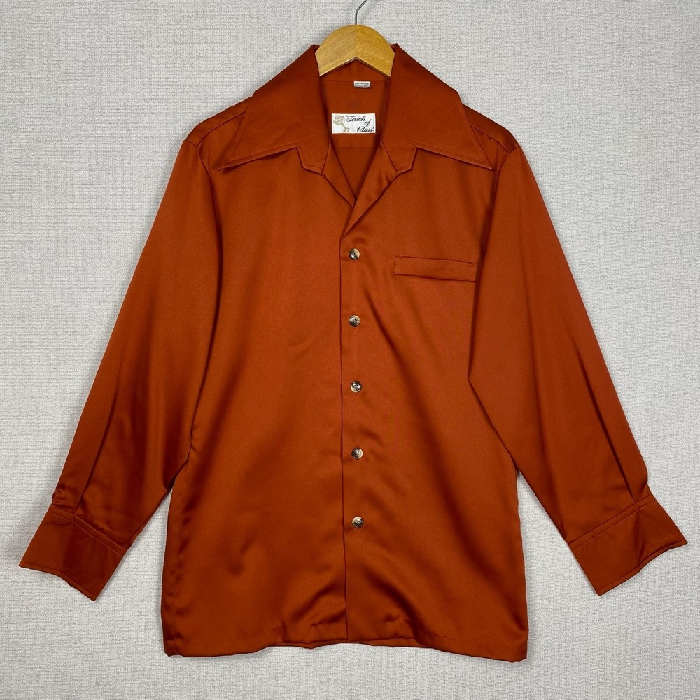 Vtg 70s Touch of Class Button Up Mens L Satin Rust‎ Red Long Sleeve Disco Retro